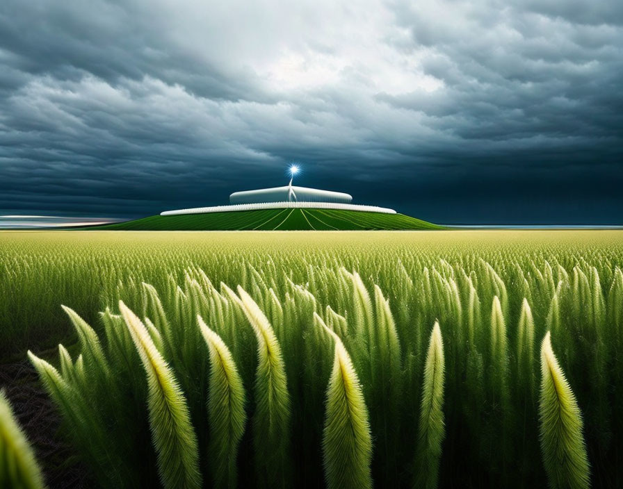 Barley field under stormy sky with distant beacon symbolizing hope.