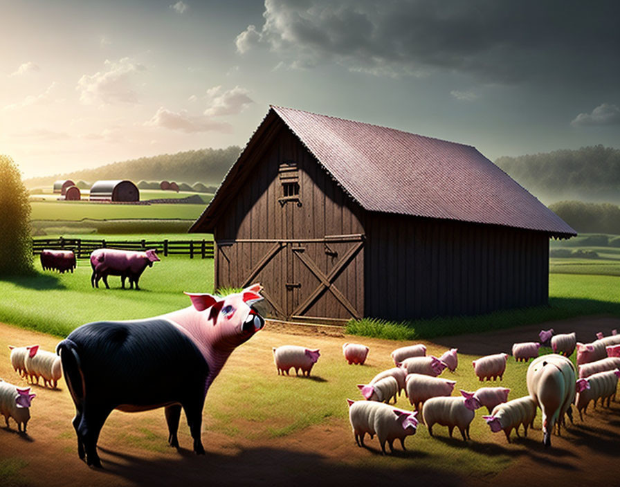 Black-and-white pig among pink pigs in front of wooden barn on farm