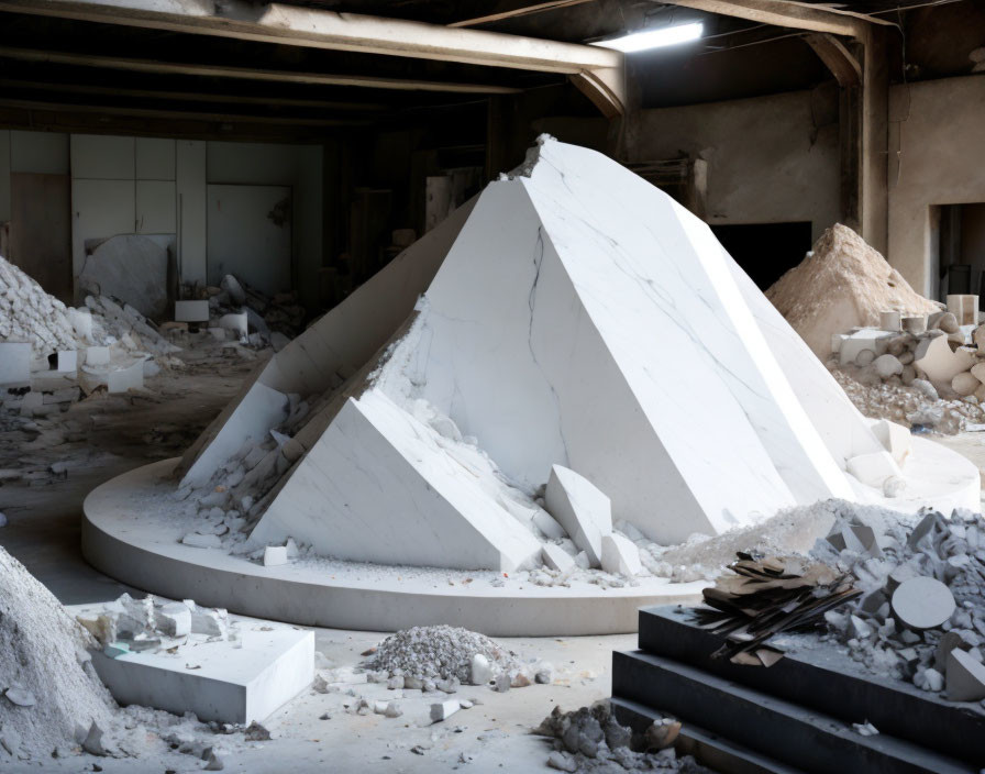 White marble blocks and dust in industrial building with circular skylight