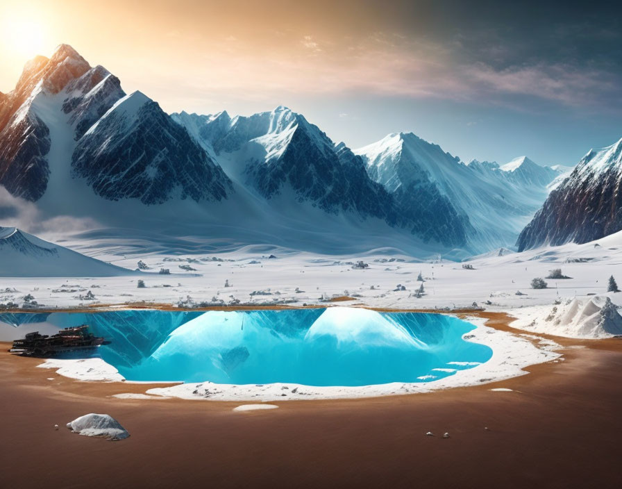 Snow-covered peaks and blue lake in serene landscape