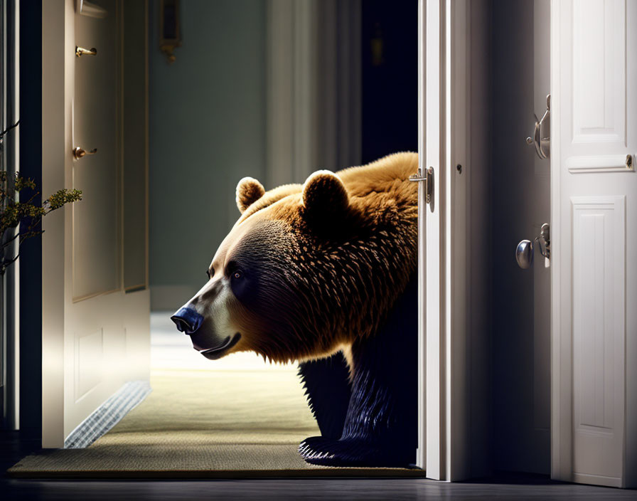 Large bear peeks through doorway into sunlit room