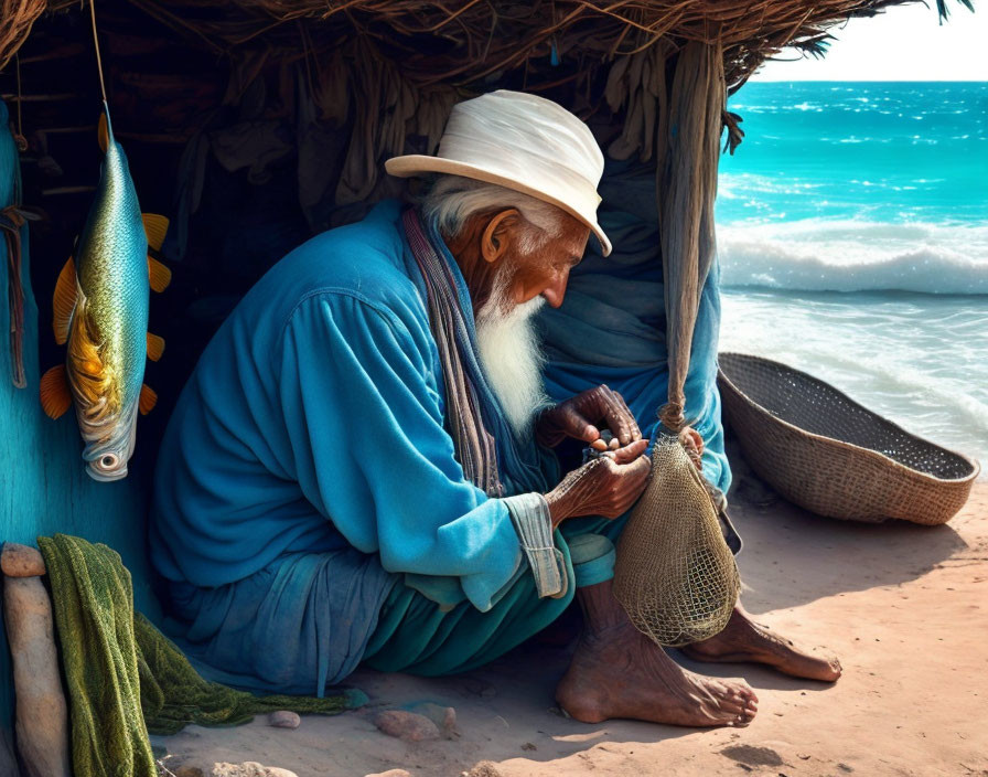 Elderly man with white beard mending fishing net by seaside hut