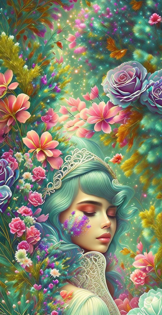 Illustration: Woman with Teal Hair & Floral Tiara in Flower Tapestry