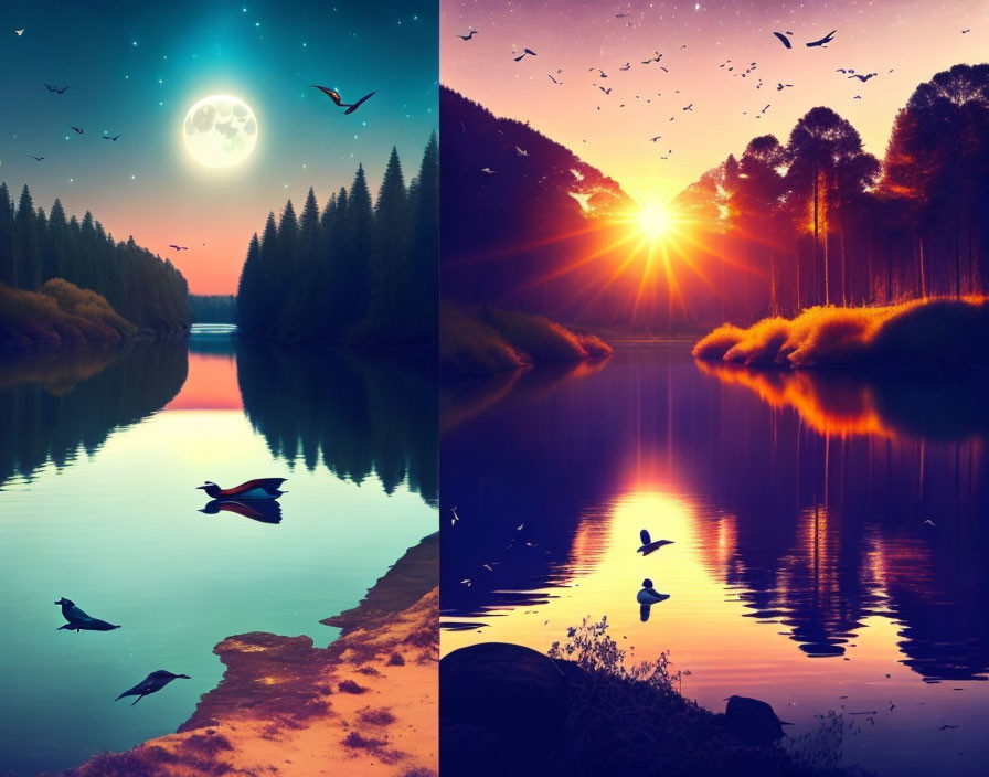 Split-image of night and day scenes by river with trees and birds in flight.