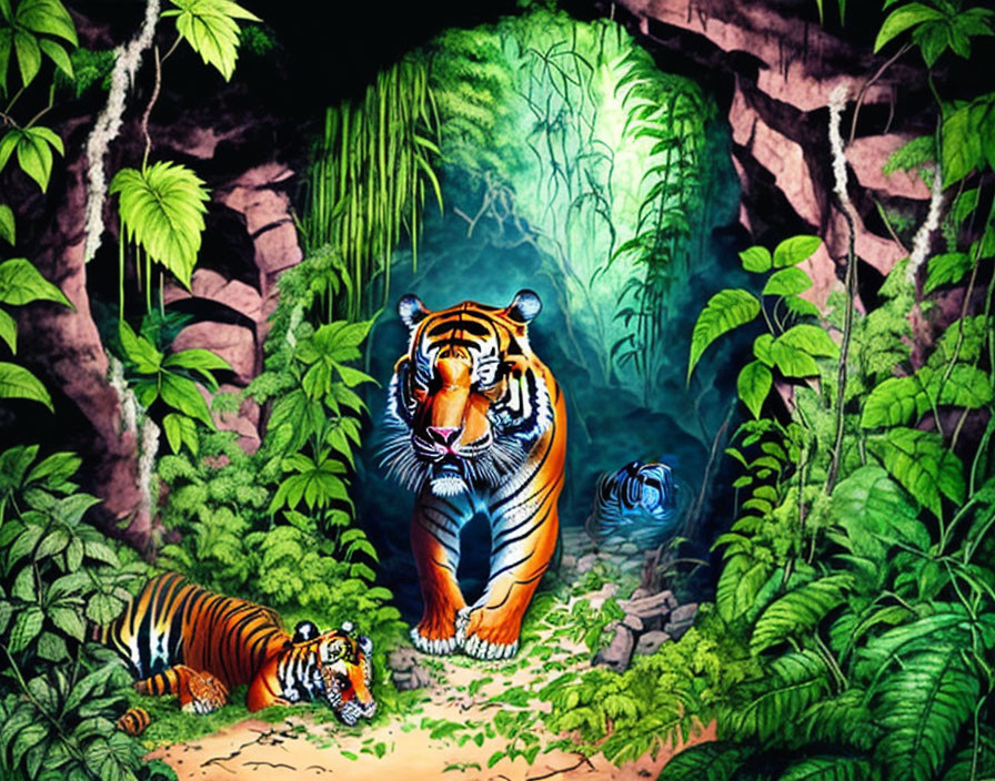 Two tigers in lush jungle with imposing tiger at cave entrance