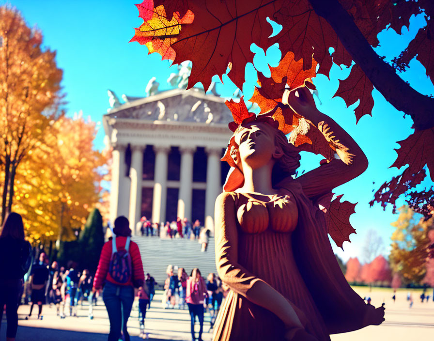 Woman posing under autumn leaves near classical building with people walking by