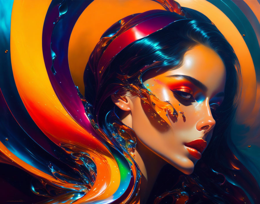 Colorful digital artwork: Woman with swirling patterns and glossy textures