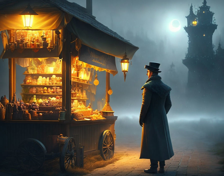 Person in top hat and coat at night with street food cart, full moon, and castle.