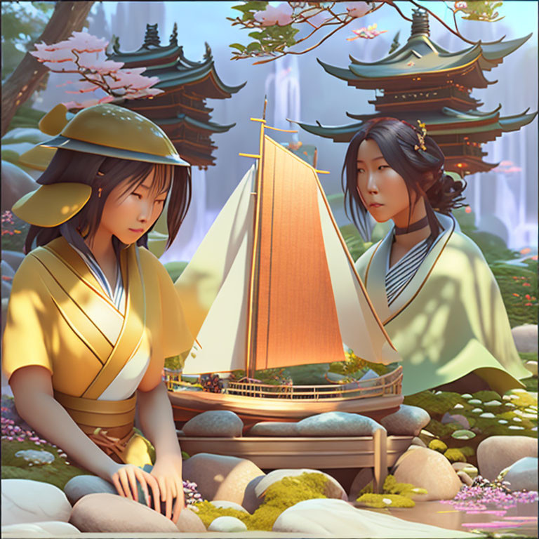 Traditional attired women by tranquil pond with model sailboat and pagodas.