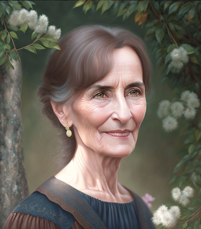 Elderly woman in blue blouse with earrings in front of greenery and white flowers