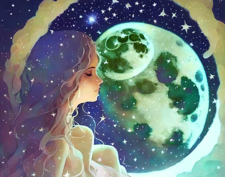 Illustration: Woman with starry hair under luminous moon