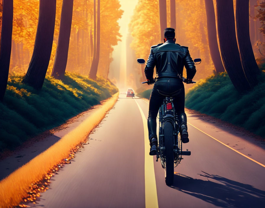 Motorcyclist riding down tree-lined road at sunset with car in distance