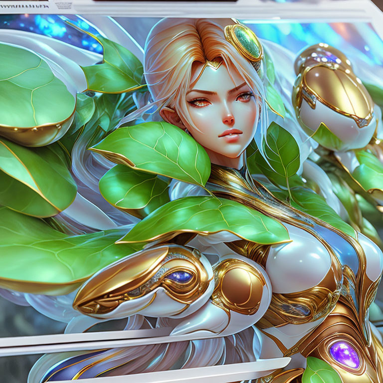 Fantasy character with golden armor, green leafy details, blonde hair