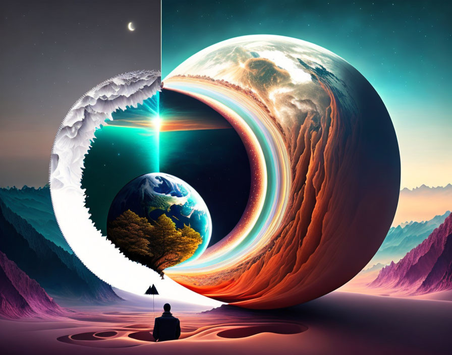 Person sitting in front of surreal crescent-shaped planetary body and Earth-like sphere under twilight sky.