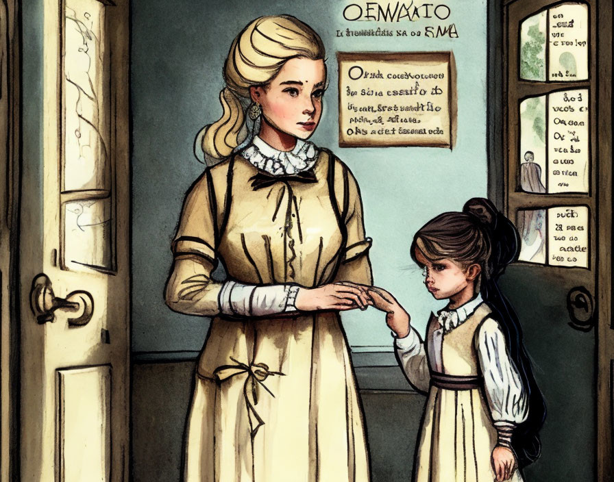 Stylized illustration of woman and girl by window with inscriptions