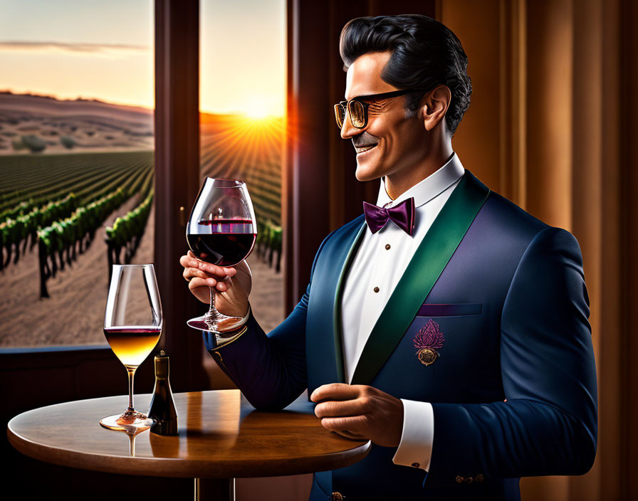 Man in Sunglasses Smiling with Wine Glass in Vineyard at Sunset