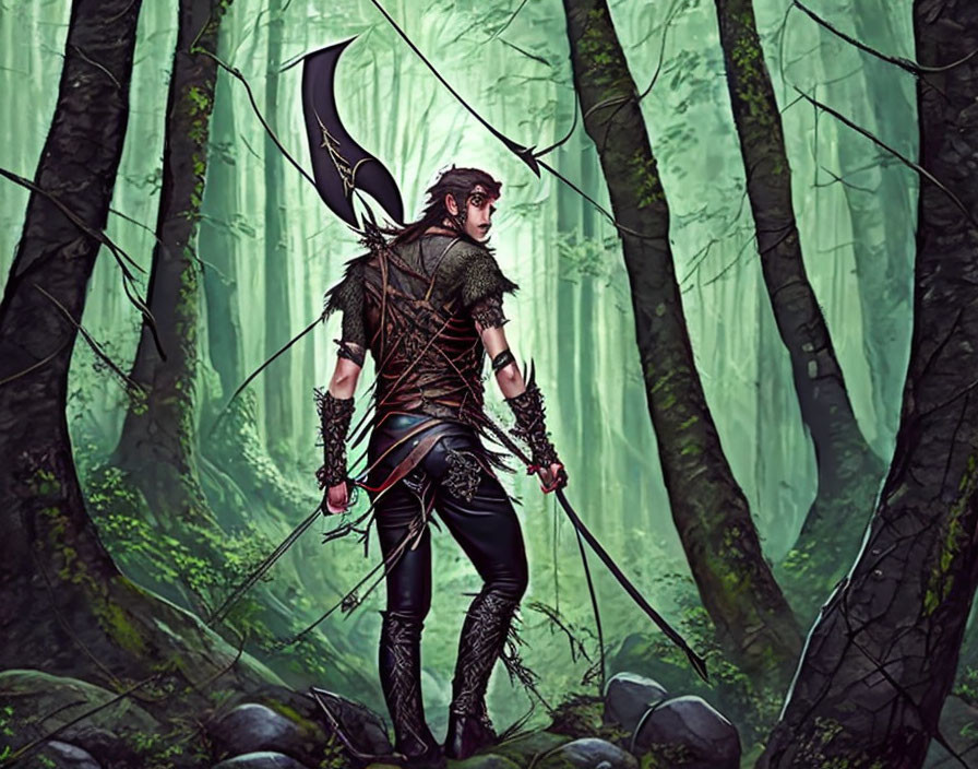 Fantasy warrior in black and green armor with bow and arrow in dense forest