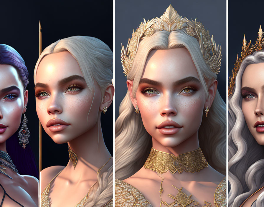 Fantasy female character portraits with different hairstyles and golden accessories