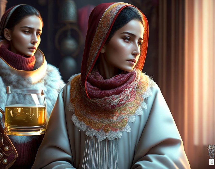 Two women in vintage attire by a window with warm lighting