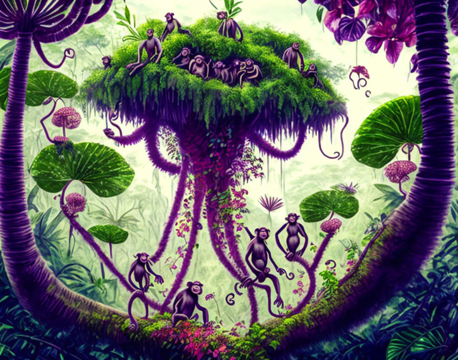 Vibrant jungle scene with whimsical monkeys and oversized flora