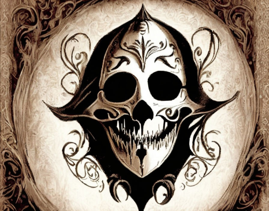 Ornate skull with decorative markings on sepia-toned background