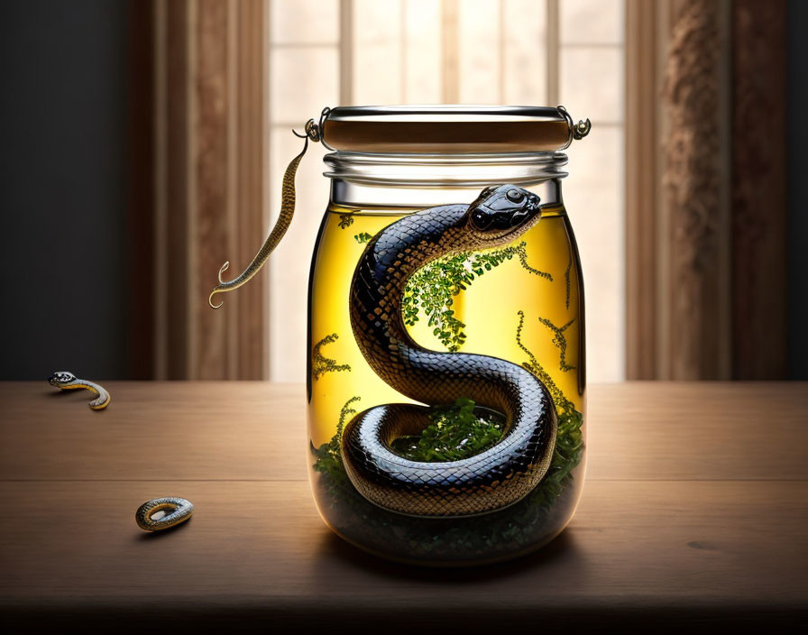 Snake in sealed glass jar with plants under sunlight, small snake escapes.