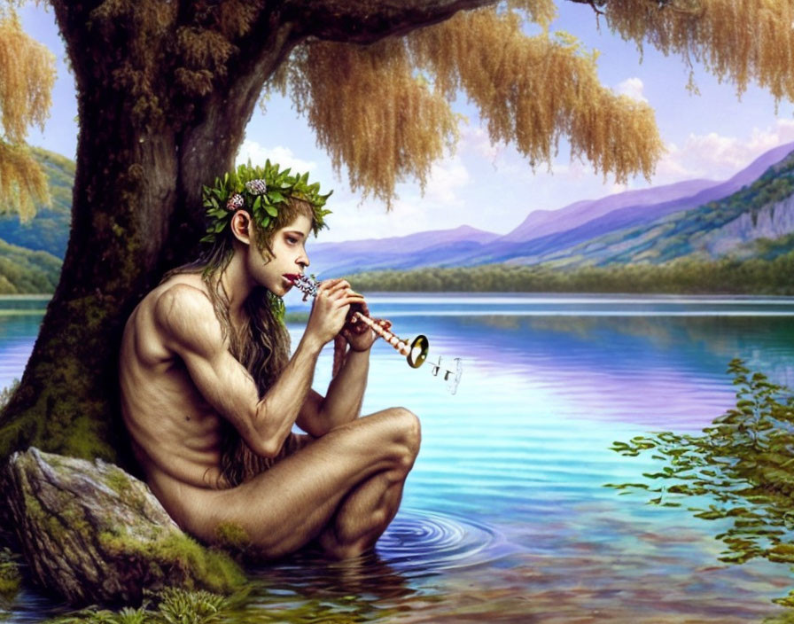 Mythical creature with leaf crown plays flute by lakeside