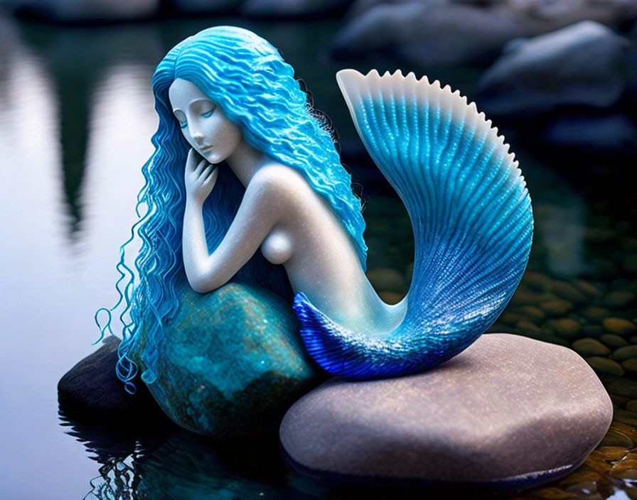 Mermaid with Blue Hair Sitting on Rock by Calm Waters