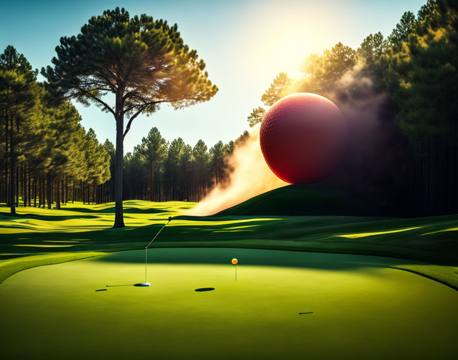 Oversized golf ball about to drop into lush green course