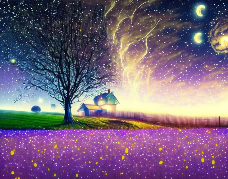 Colorful artwork: Starry sky, galaxies, house, tree in purple field.