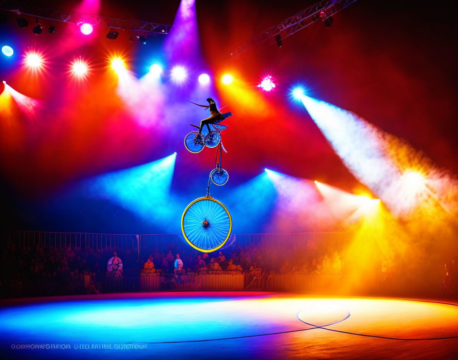 Bike performer jumps through ring in circus arena