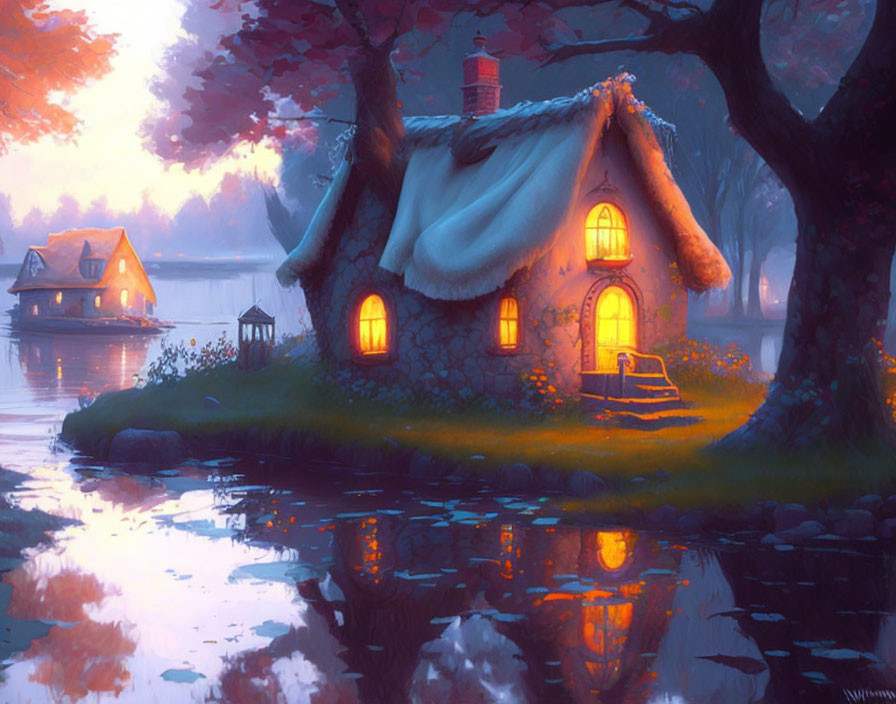 Tranquil lake cottage at twilight with autumn trees