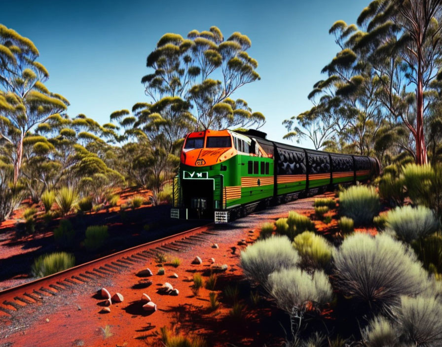 Green and orange locomotive pulling passenger cars through scenic eucalyptus trees and red soil under