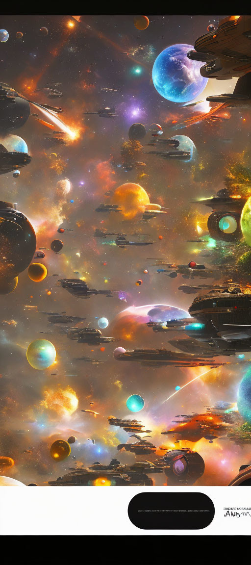 Colorful Sci-Fi Space Scene with Planets, Nebulae, and Spacecrafts