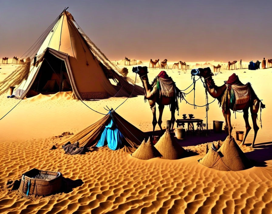 Nomadic desert encampment with tent, camels, and sand dunes