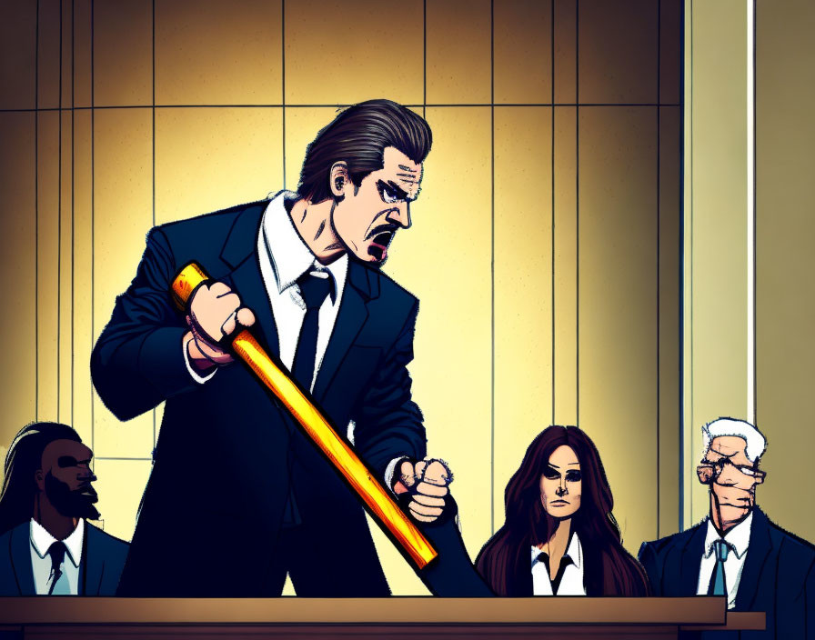 Illustrated courtroom scene with animated male lawyer gesturing passionately.