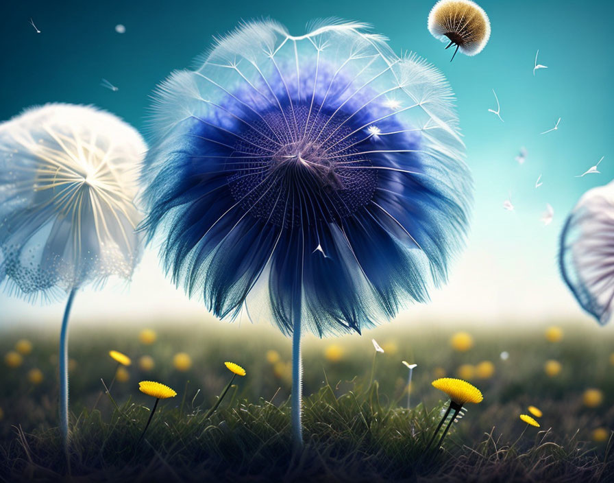 Whimsical oversized dandelion puffballs with blue center and yellow flowers.