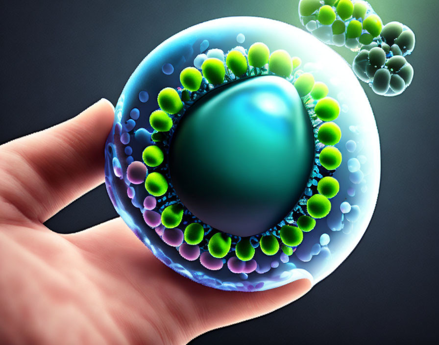 Detailed colorful single cell illustration held by hand