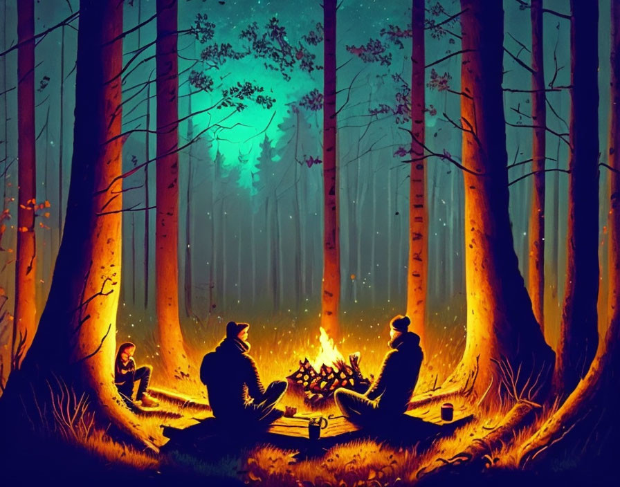 Nighttime campfire scene in forest with three people under starry sky