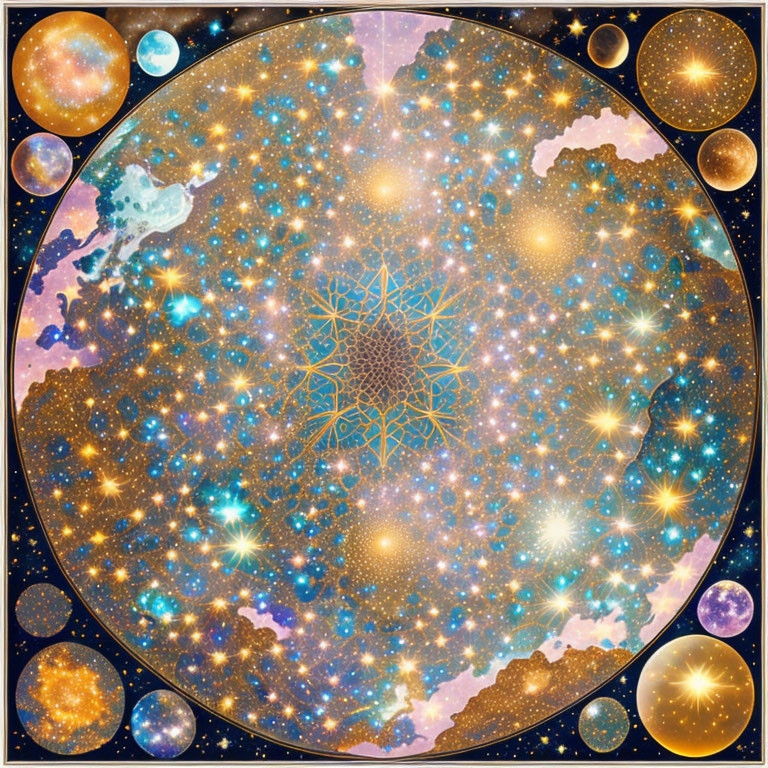 Golden mandala surrounded by galaxy, planets, and stars