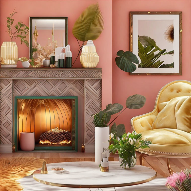 Velvet yellow armchair, lit fireplace, botanical prints in cozy living room corner