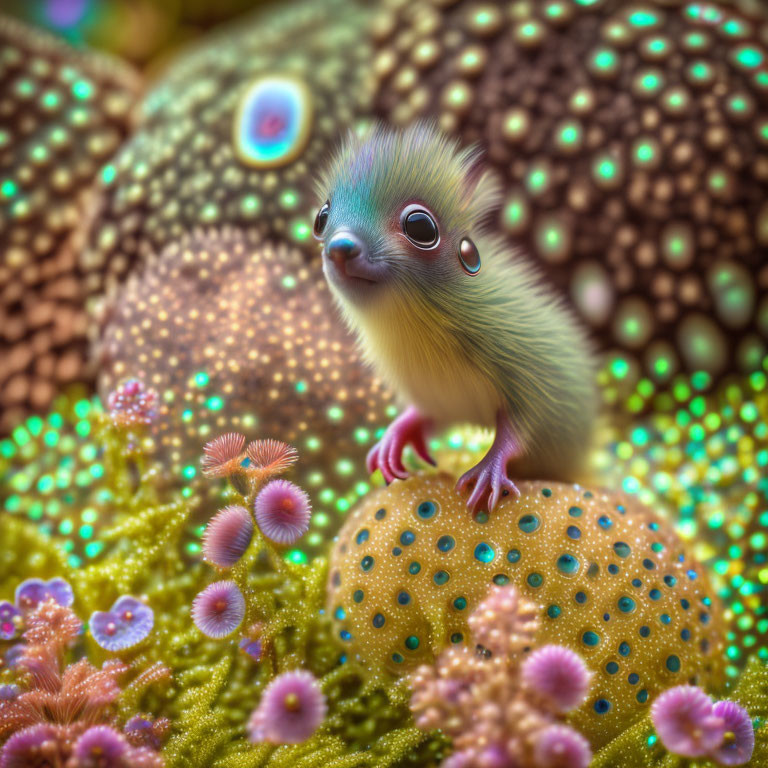 Colorful creature with large eyes in vibrant, fantastical environment.