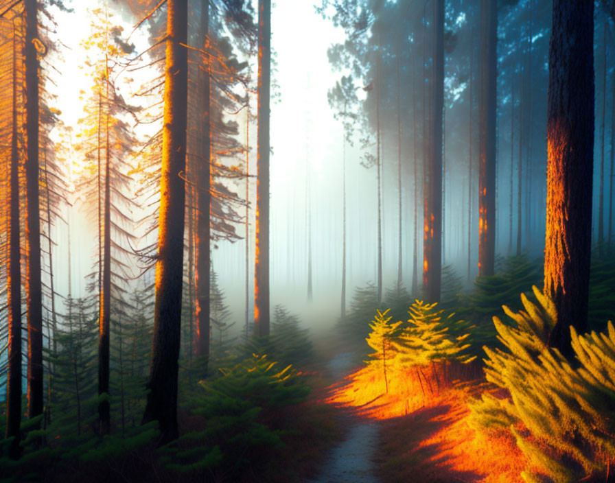 Tranquil forest path with sunlight through mist and tall trees