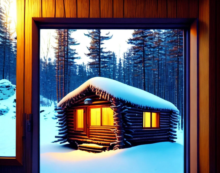 Snow-covered wooden cabin in twilight forest view