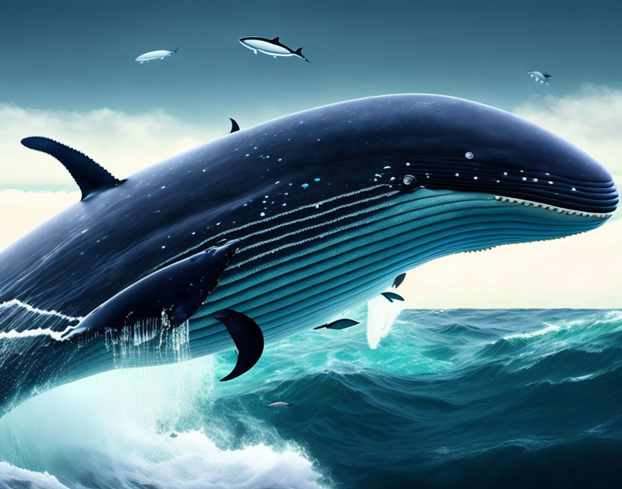 Giant blue whale breaching with flying fish in dramatic sky