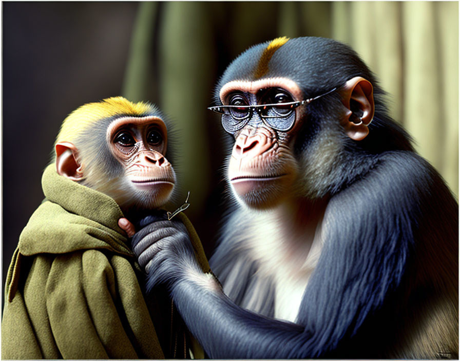 Stylized primates with human-like expressions, one in glasses and green cloak, another curious.