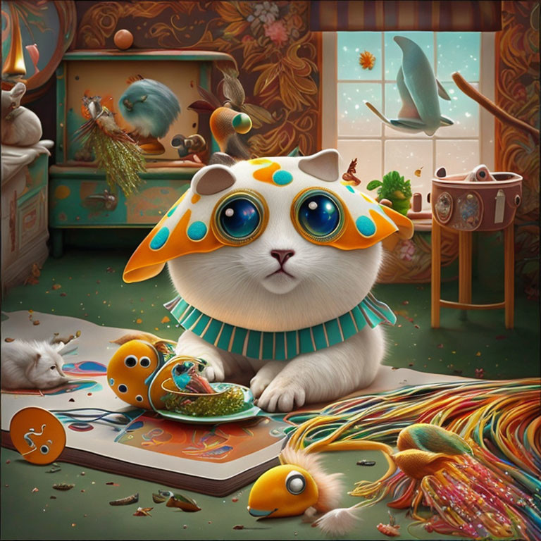 Colorful surreal cat illustration with fish and goggles.