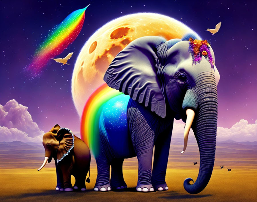 Surreal image: Two elephants under rainbow, moon, twilight sky