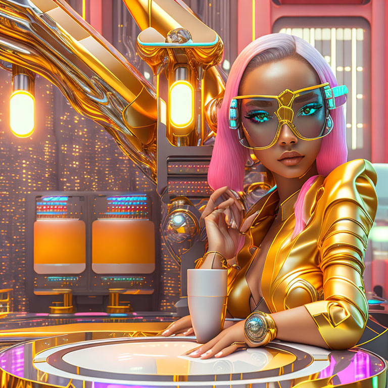 Futuristic pink-haired woman in gold outfit at high-tech bar