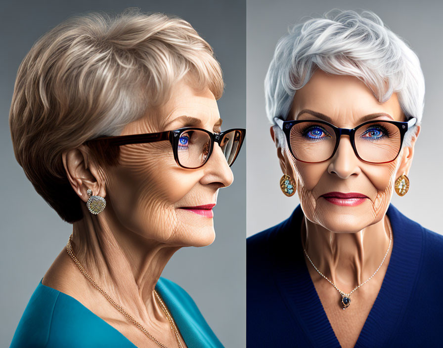 Elderly woman with two hairstyles and outfits, teal blouse and blue attire, wearing glasses and earrings